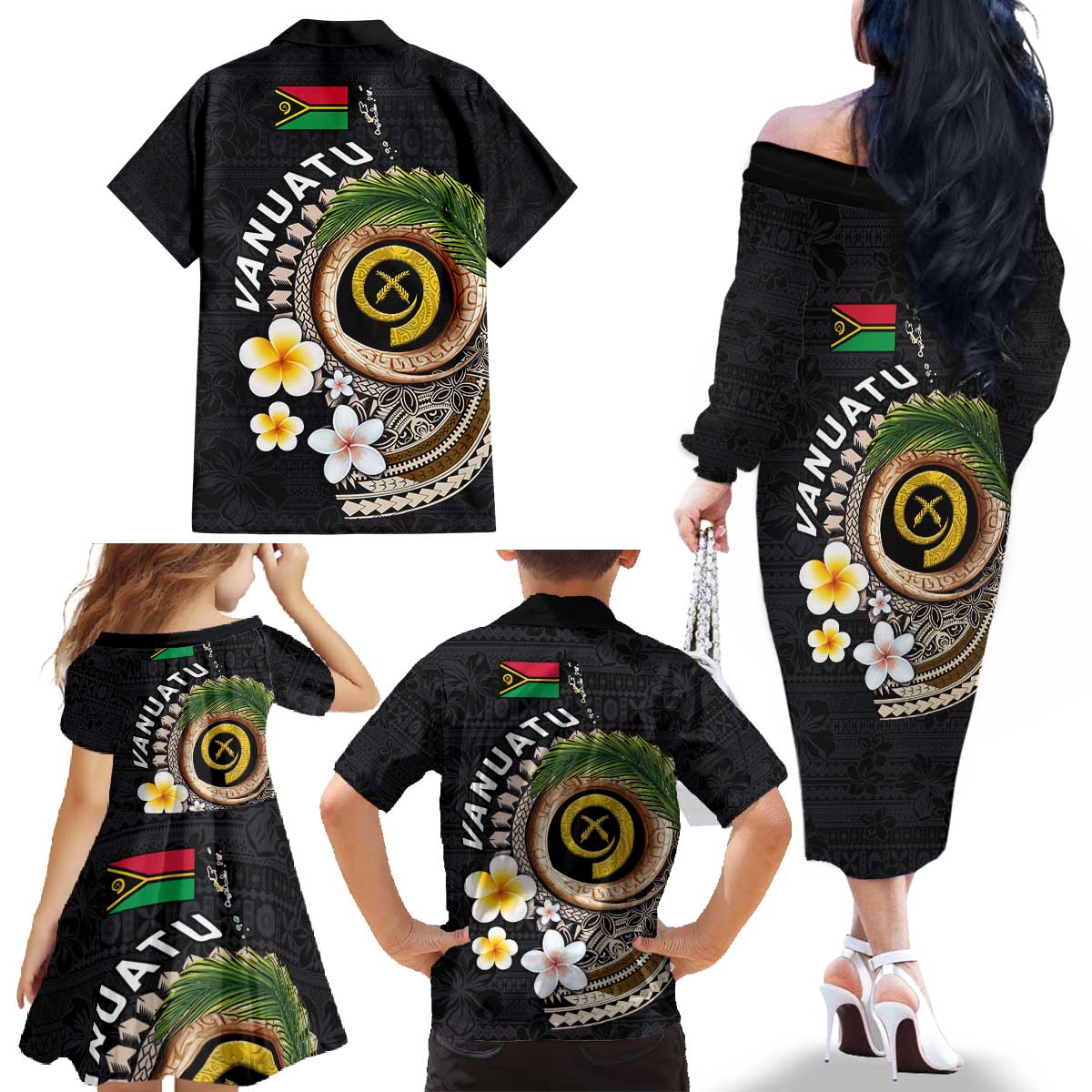 Vanuatu Independence Day Family Matching Off The Shoulder Long Sleeve Dress and Hawaiian Shirt Melanesian Tribal Pig Tusk with Tropical Plants LT03 - Polynesian Pride