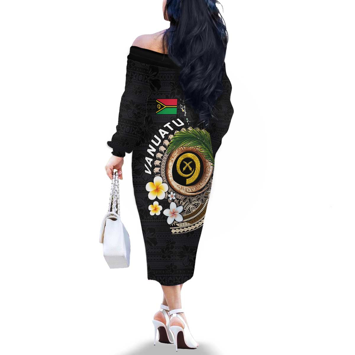 Vanuatu Independence Day Family Matching Off The Shoulder Long Sleeve Dress and Hawaiian Shirt Melanesian Tribal Pig Tusk with Tropical Plants LT03 - Polynesian Pride