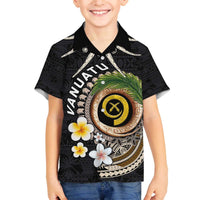 Vanuatu Independence Day Family Matching Off The Shoulder Long Sleeve Dress and Hawaiian Shirt Melanesian Tribal Pig Tusk with Tropical Plants LT03 Son's Shirt Black - Polynesian Pride
