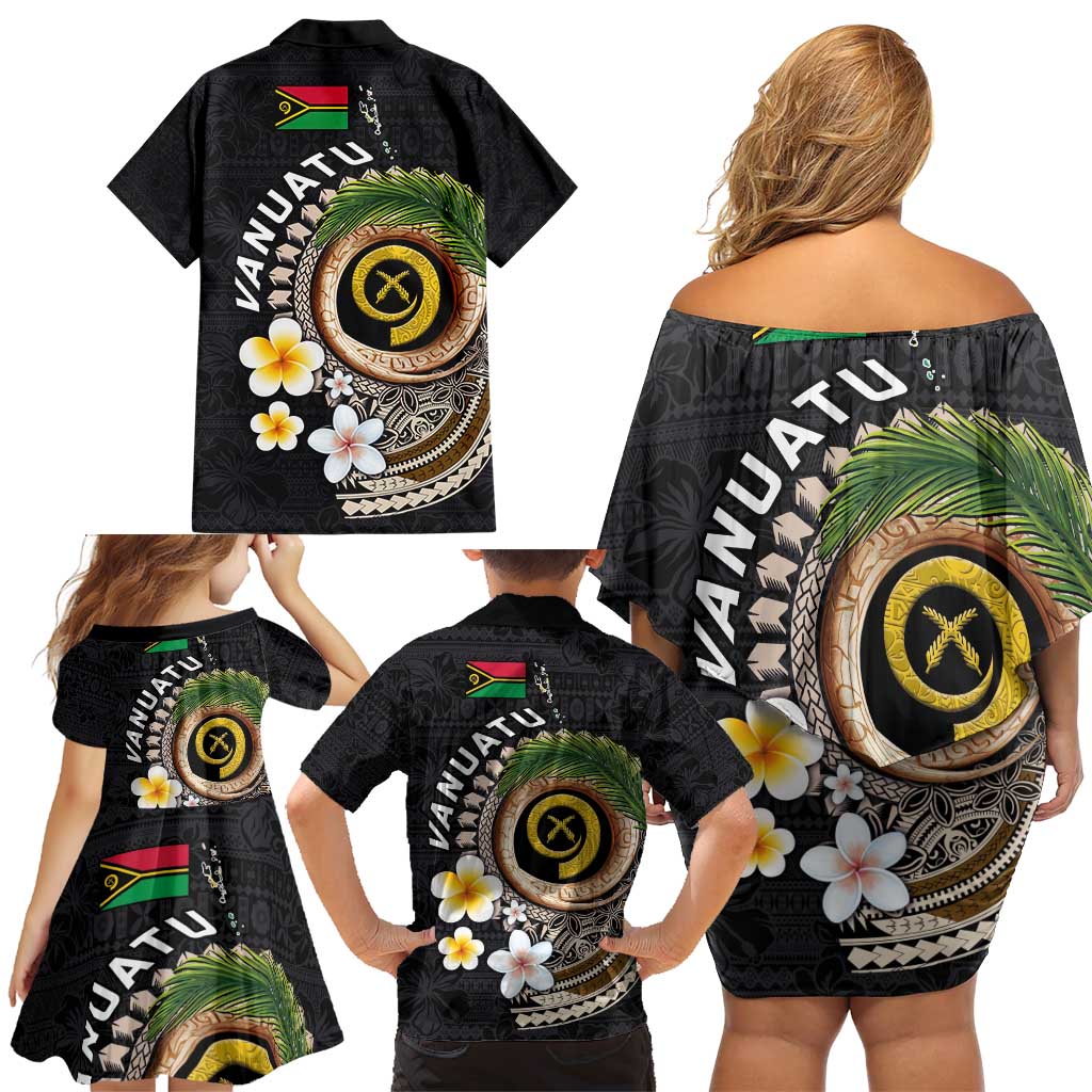 Vanuatu Independence Day Family Matching Off Shoulder Short Dress and Hawaiian Shirt Melanesian Tribal Pig Tusk with Tropical Plants LT03 - Polynesian Pride