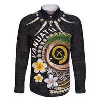 Vanuatu Independence Day Family Matching Off Shoulder Short Dress and Hawaiian Shirt Melanesian Tribal Pig Tusk with Tropical Plants LT03 Dad's Shirt - Long Sleeve Black - Polynesian Pride