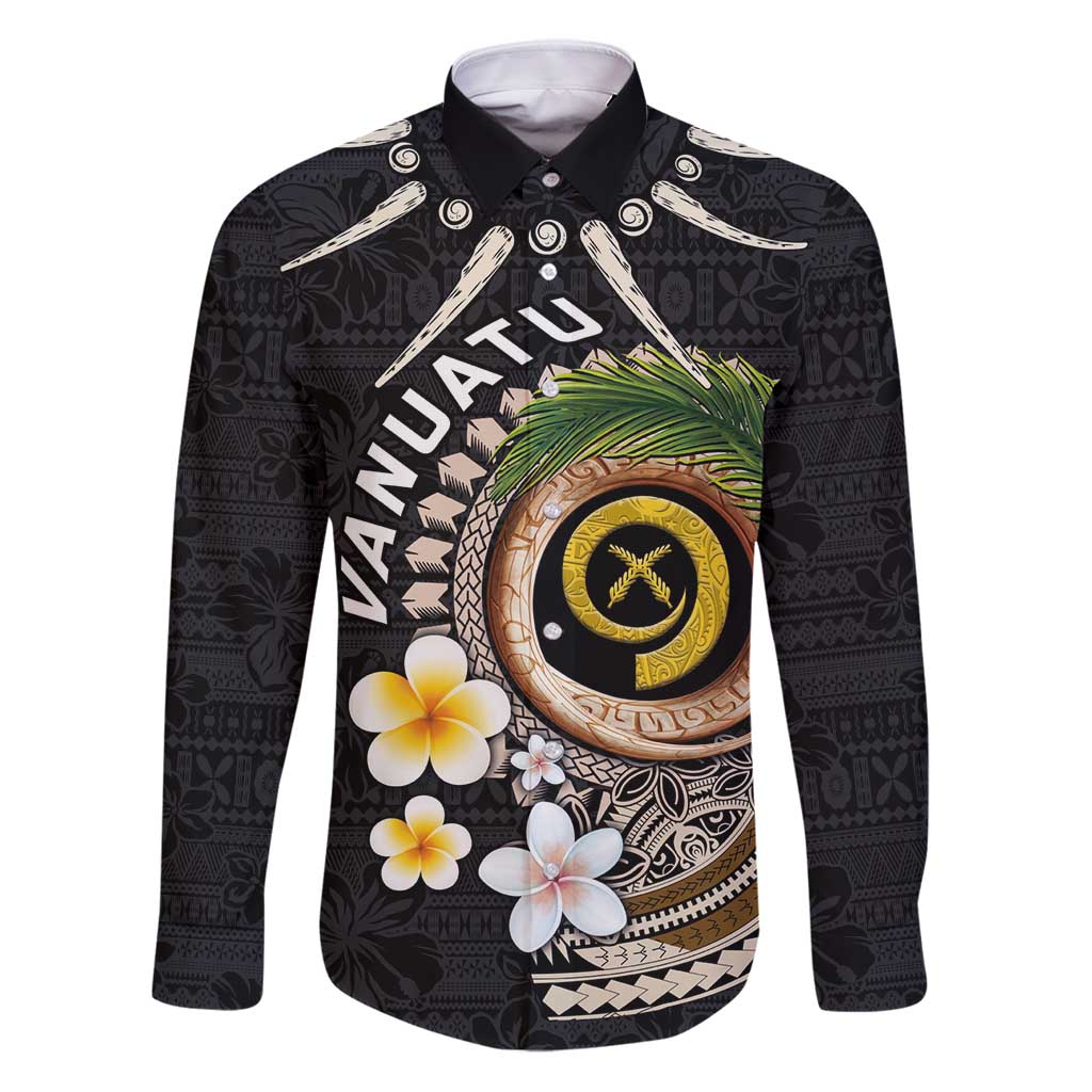 Vanuatu Independence Day Family Matching Puletasi and Hawaiian Shirt Melanesian Tribal Pig Tusk with Tropical Plants LT03 Dad's Shirt - Long Sleeve Black - Polynesian Pride