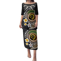 Vanuatu Independence Day Family Matching Puletasi and Hawaiian Shirt Melanesian Tribal Pig Tusk with Tropical Plants LT03 Mom's Dress Black - Polynesian Pride