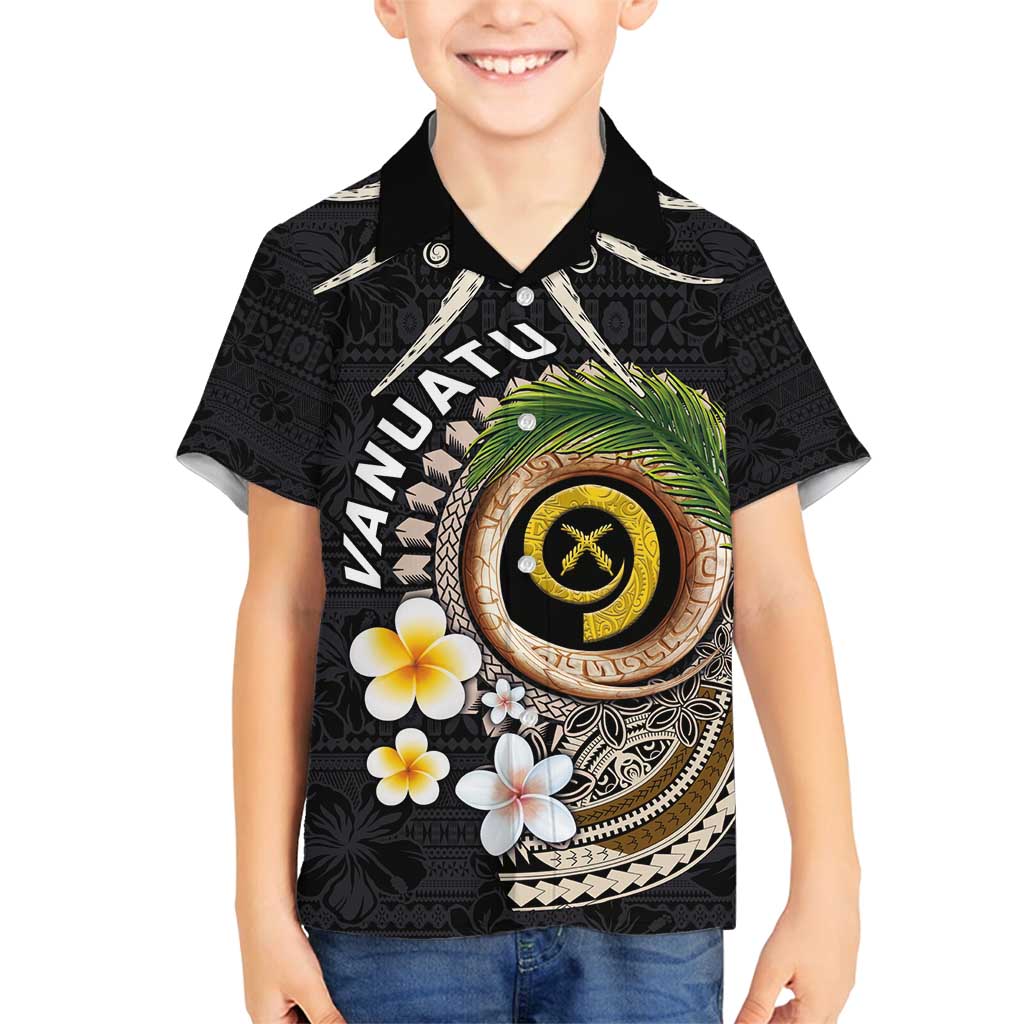 Vanuatu Independence Day Family Matching Puletasi and Hawaiian Shirt Melanesian Tribal Pig Tusk with Tropical Plants LT03 Son's Shirt Black - Polynesian Pride