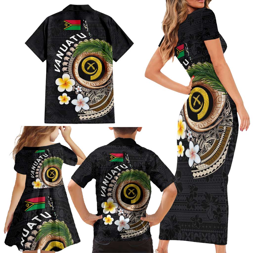 Vanuatu Independence Day Family Matching Short Sleeve Bodycon Dress and Hawaiian Shirt Melanesian Tribal Pig Tusk with Tropical Plants LT03 - Polynesian Pride