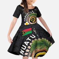 Vanuatu Independence Day Family Matching Tank Maxi Dress and Hawaiian Shirt Melanesian Tribal Pig Tusk with Tropical Plants LT03 Daughter's Dress Black - Polynesian Pride
