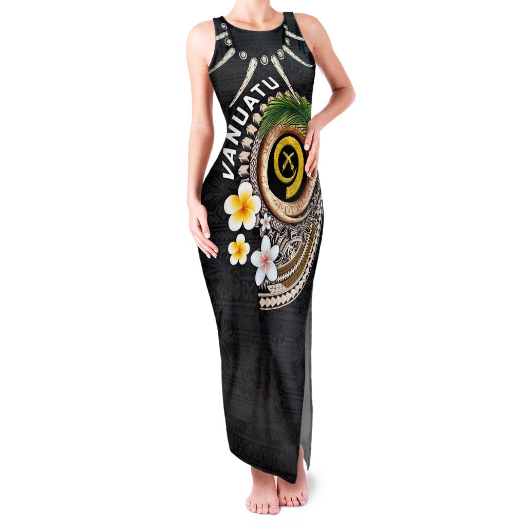 Vanuatu Independence Day Family Matching Tank Maxi Dress and Hawaiian Shirt Melanesian Tribal Pig Tusk with Tropical Plants LT03 Mom's Dress Black - Polynesian Pride