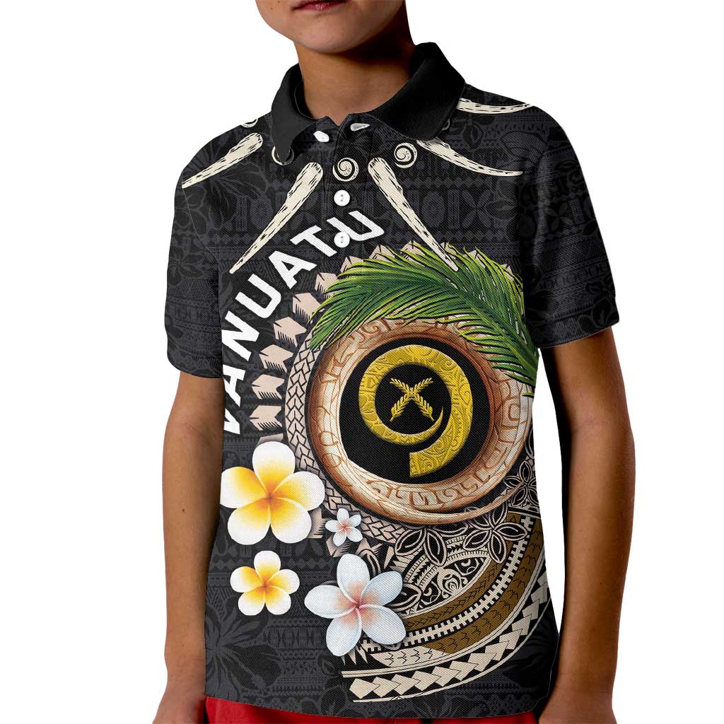 Vanuatu Independence Day Kid Polo Shirt Melanesian Tribal Pig Tusk with Tropical Plants LT03 Kid Black - Polynesian Pride