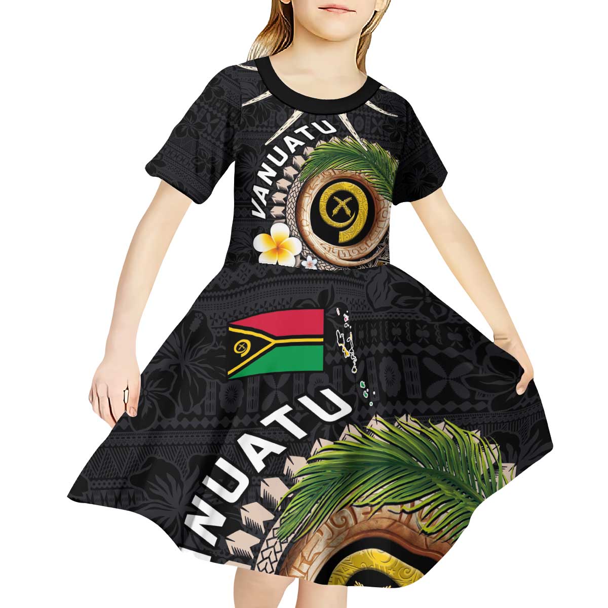 Vanuatu Independence Day Kid Short Sleeve Dress Melanesian Tribal Pig Tusk with Tropical Plants LT03 - Polynesian Pride