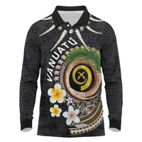 Vanuatu Independence Day Long Sleeve Polo Shirt Melanesian Tribal Pig Tusk with Tropical Plants LT03 Black - Polynesian Pride