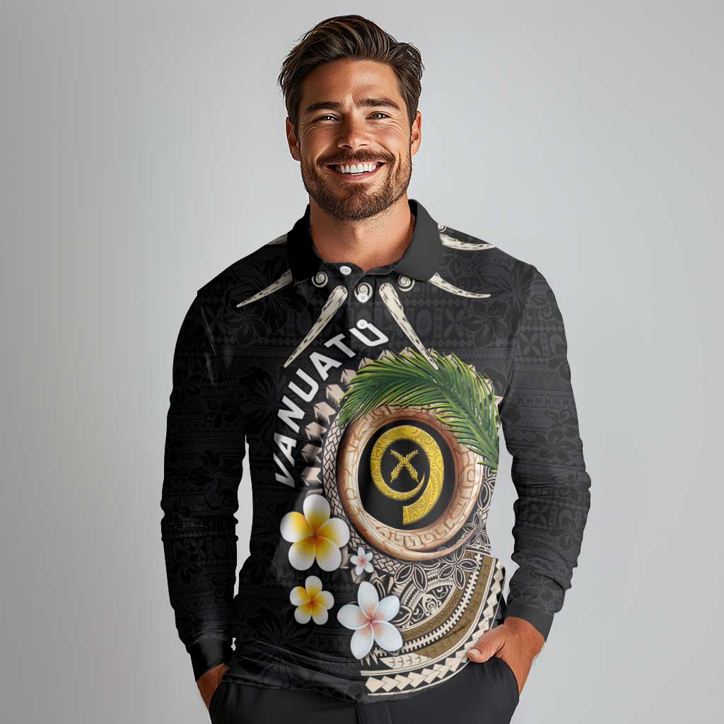 Vanuatu Independence Day Long Sleeve Polo Shirt Melanesian Tribal Pig Tusk with Tropical Plants LT03 - Polynesian Pride