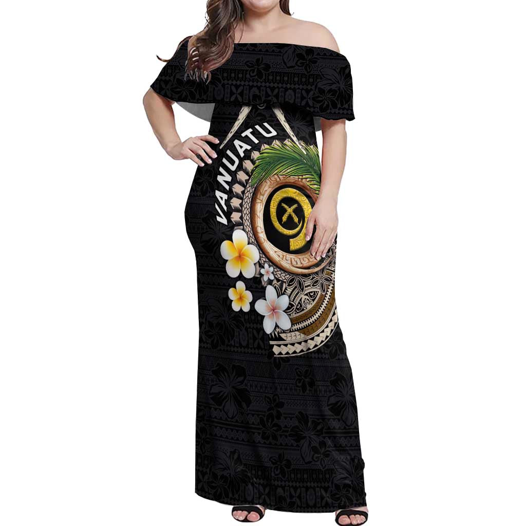 Vanuatu Independence Day Off Shoulder Maxi Dress Melanesian Tribal Pig Tusk with Tropical Plants LT03 Women Black - Polynesian Pride
