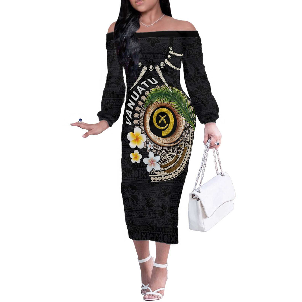 Vanuatu Independence Day Off The Shoulder Long Sleeve Dress Melanesian Tribal Pig Tusk with Tropical Plants LT03 Women Black - Polynesian Pride