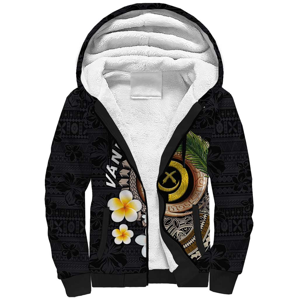 Vanuatu Independence Day Sherpa Hoodie Melanesian Tribal Pig Tusk with Tropical Plants LT03 Unisex Black - Polynesian Pride