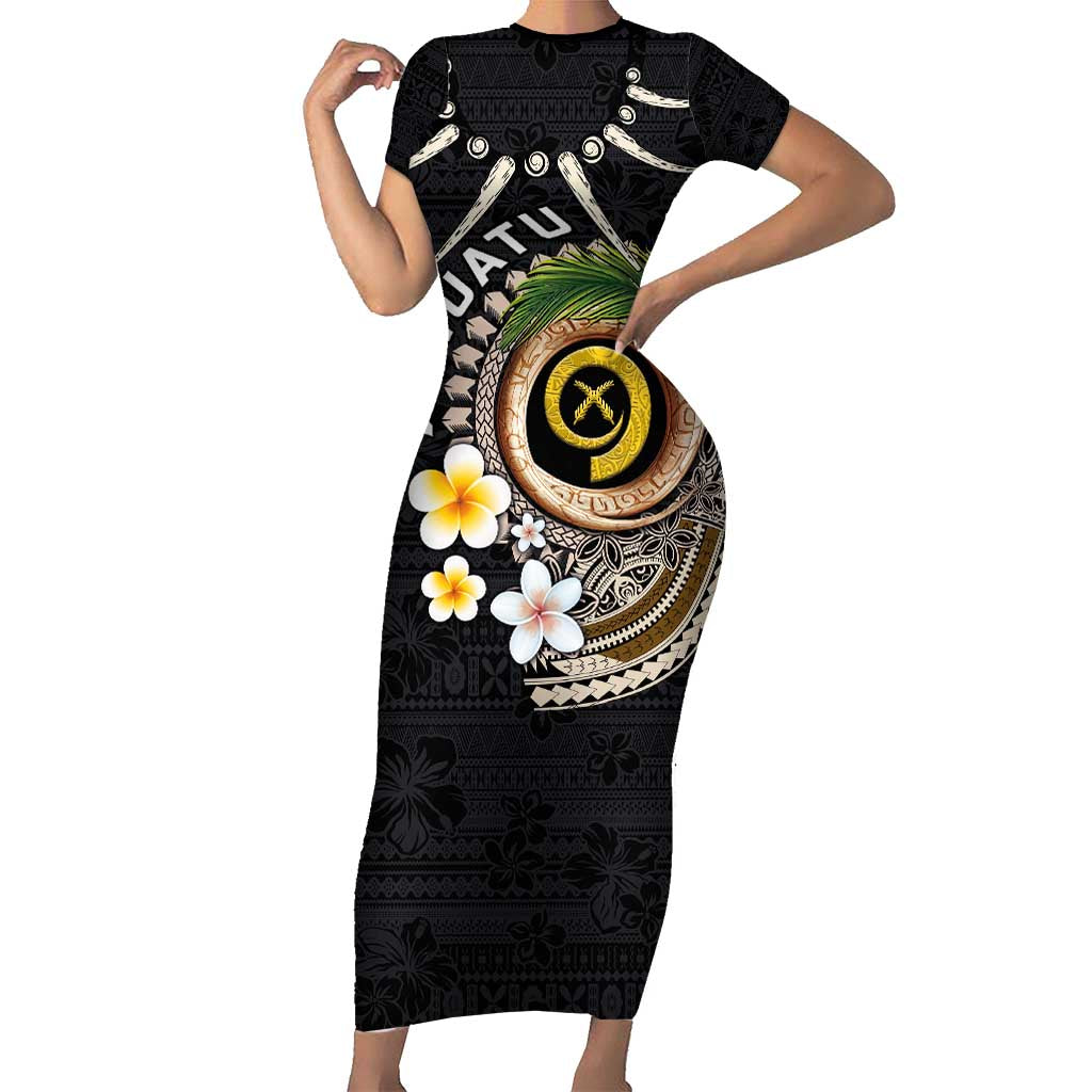 Vanuatu Independence Day Short Sleeve Bodycon Dress Melanesian Tribal Pig Tusk with Tropical Plants LT03 Long Dress Black - Polynesian Pride