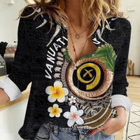 Vanuatu Independence Day Women Casual Shirt Melanesian Tribal Pig Tusk with Tropical Plants LT03 Female Black - Polynesian Pride