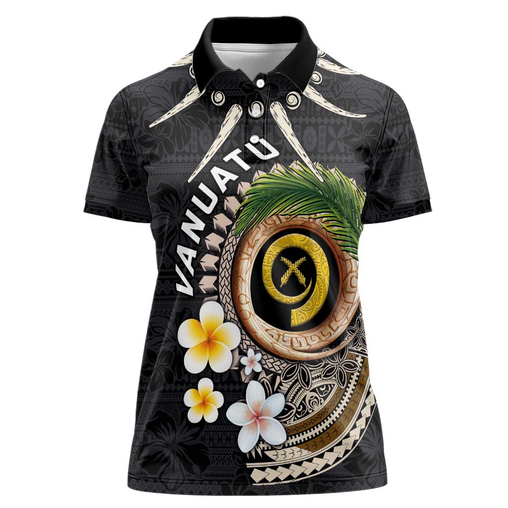 Vanuatu Independence Day Women Polo Shirt Melanesian Tribal Pig Tusk with Tropical Plants LT03 Female Black - Polynesian Pride