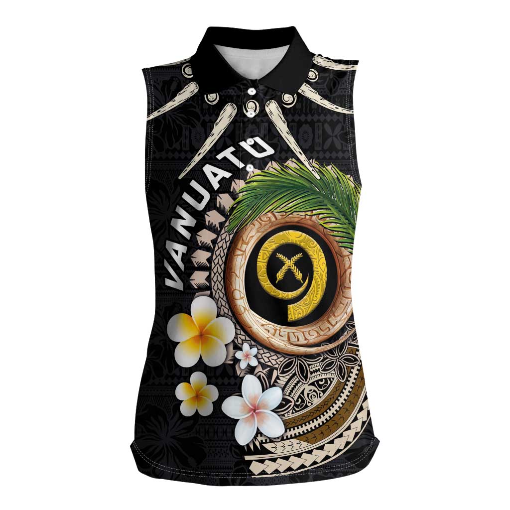 Vanuatu Independence Day Women Sleeveless Polo Shirt Melanesian Tribal Pig Tusk with Tropical Plants LT03 Female Black - Polynesian Pride