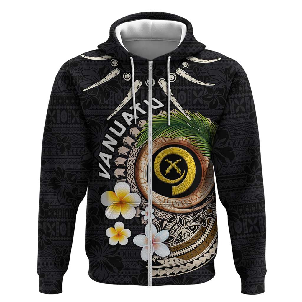 Vanuatu Independence Day Zip Hoodie Melanesian Tribal Pig Tusk with Tropical Plants LT03 Zip Hoodie Black - Polynesian Pride
