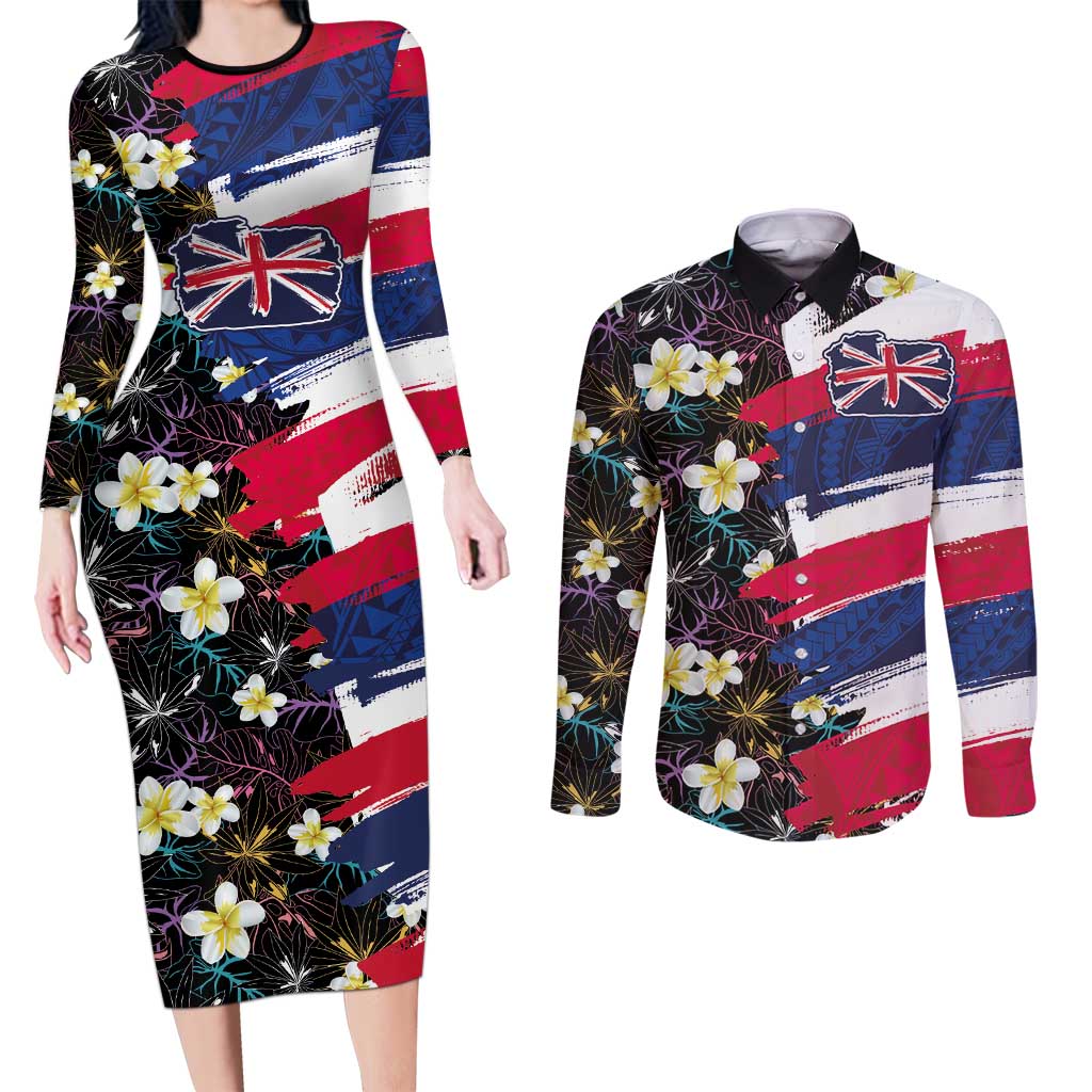 Hawaiian Flag Day Couples Matching Long Sleeve Bodycon Dress and Long Sleeve Button Shirt Tropical Flowers and Leaves