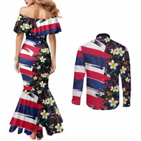 Hawaiian Flag Day Couples Matching Mermaid Dress and Long Sleeve Button Shirt Tropical Flowers and Leaves