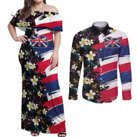 Hawaiian Flag Day Couples Matching Off Shoulder Maxi Dress and Long Sleeve Button Shirt Tropical Flowers and Leaves