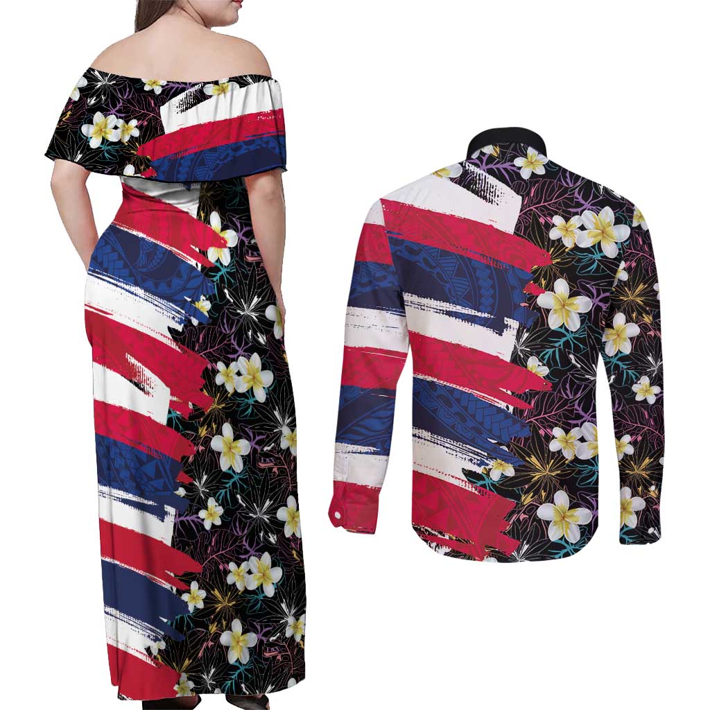 Hawaiian Flag Day Couples Matching Off Shoulder Maxi Dress and Long Sleeve Button Shirt Tropical Flowers and Leaves