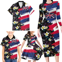 Hawaiian Flag Day Family Matching Long Sleeve Bodycon Dress and Hawaiian Shirt Tropical Flowers and Leaves