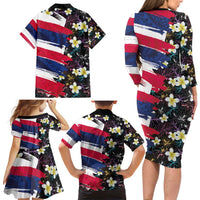 Hawaiian Flag Day Family Matching Long Sleeve Bodycon Dress and Hawaiian Shirt Tropical Flowers and Leaves
