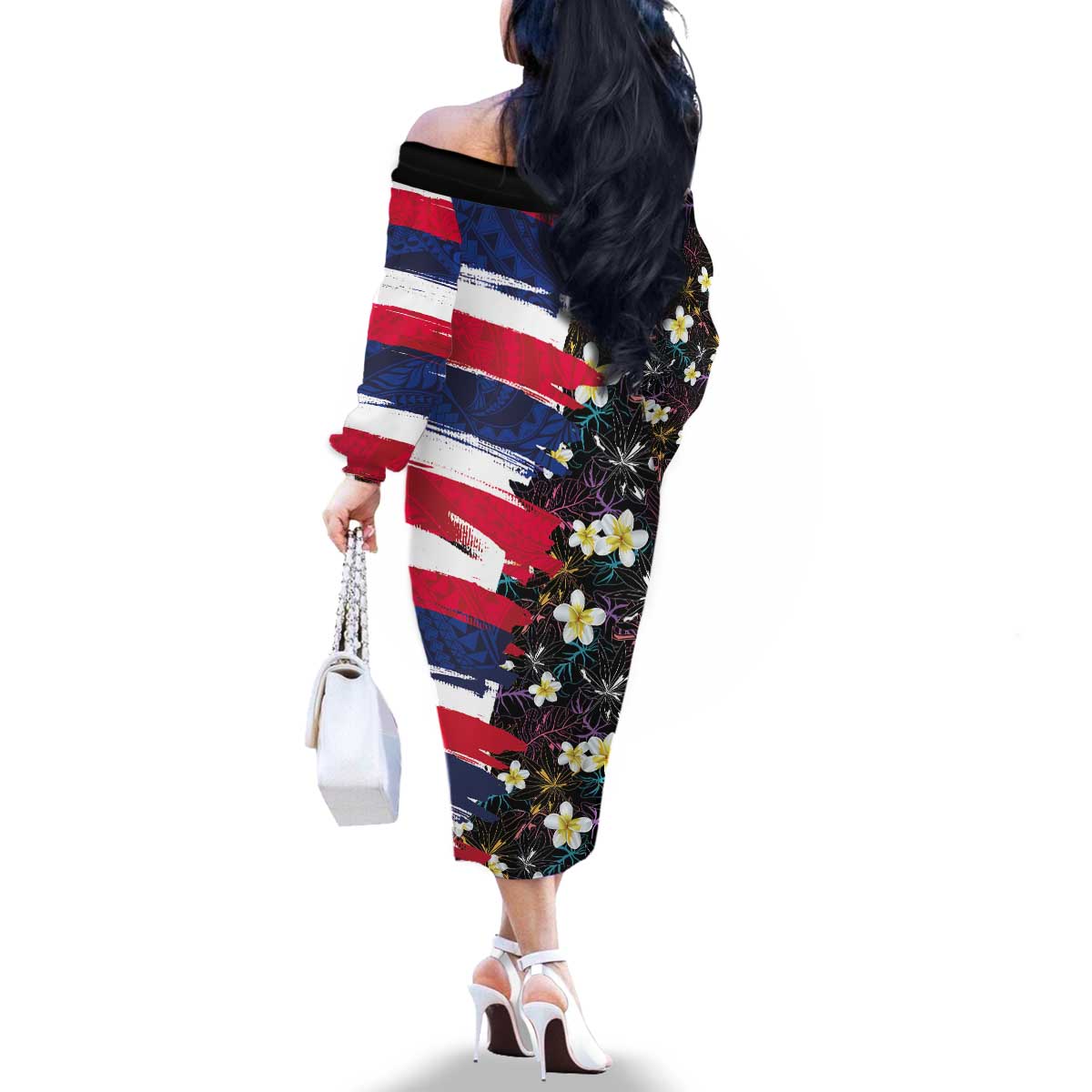 Hawaiian Flag Day Family Matching Off The Shoulder Long Sleeve Dress and Hawaiian Shirt Tropical Flowers and Leaves