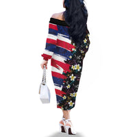 Hawaiian Flag Day Family Matching Off The Shoulder Long Sleeve Dress and Hawaiian Shirt Tropical Flowers and Leaves