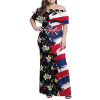 Hawaiian Flag Day Family Matching Off Shoulder Maxi Dress and Hawaiian Shirt Tropical Flowers and Leaves LT03 Mom's Dress Black - Polynesian Pride