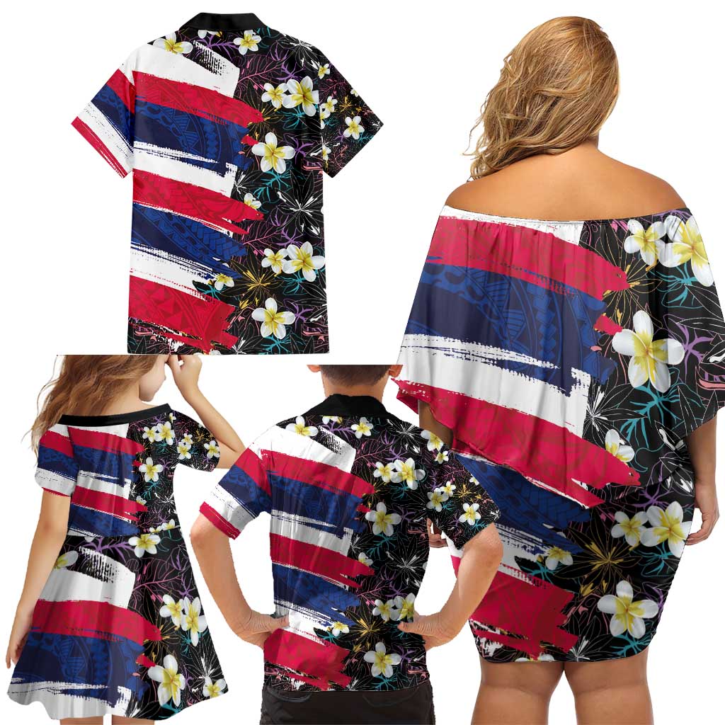 Hawaiian Flag Day Family Matching Off Shoulder Short Dress and Hawaiian Shirt Tropical Flowers and Leaves