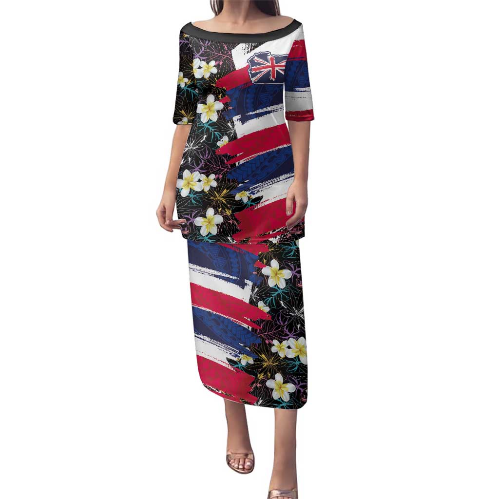 Hawaiian Flag Day Family Matching Puletasi and Hawaiian Shirt Tropical Flowers and Leaves LT03 Mom's Dress Black - Polynesian Pride