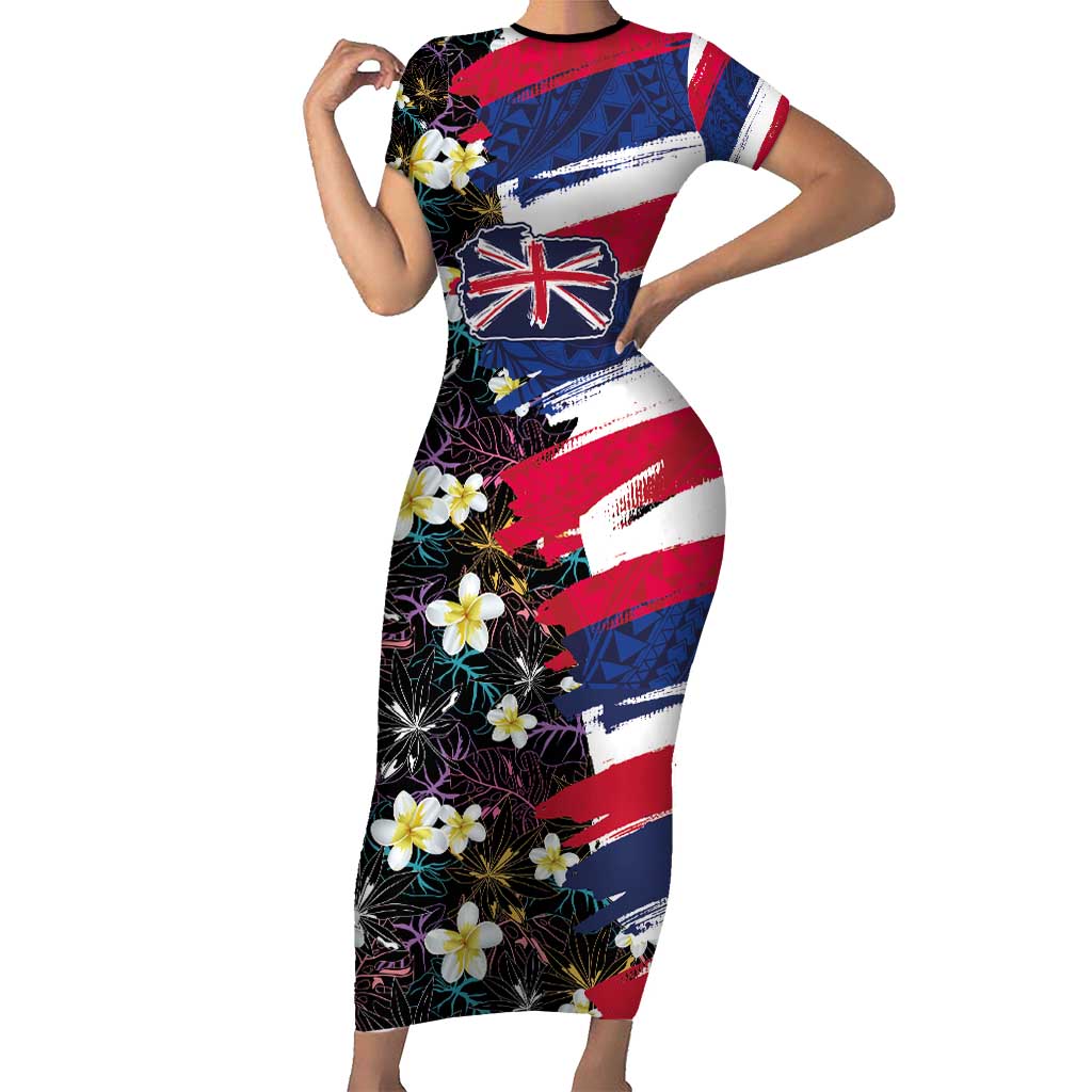 Hawaiian Flag Day Family Matching Short Sleeve Bodycon Dress and Hawaiian Shirt Tropical Flowers and Leaves