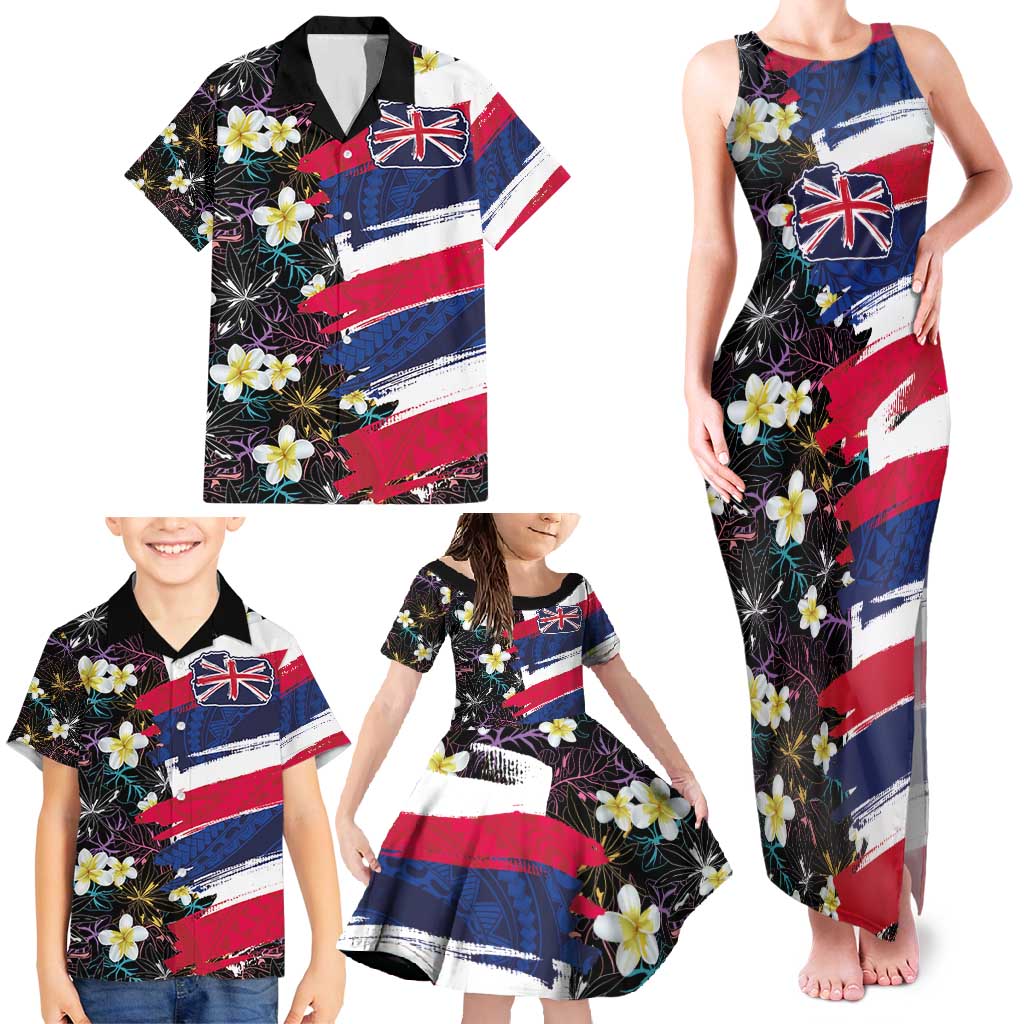 Hawaiian Flag Day Family Matching Tank Maxi Dress and Hawaiian Shirt Tropical Flowers and Leaves