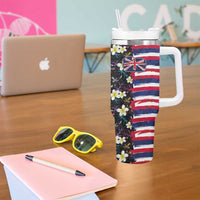Hawaiian Flag Day Tumbler With Handle Tropical Flowers and Leaves