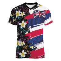 Hawaiian Flag Day Women V-Neck T-Shirt Tropical Flowers and Leaves LT03 Female Black - Polynesian Pride