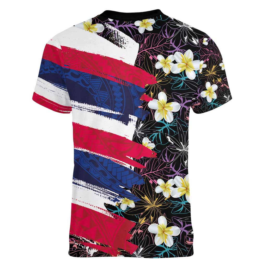 Hawaiian Flag Day Women V-Neck T-Shirt Tropical Flowers and Leaves LT03 - Polynesian Pride