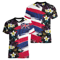 Hawaiian Flag Day Women V-Neck T-Shirt Tropical Flowers and Leaves LT03 - Polynesian Pride