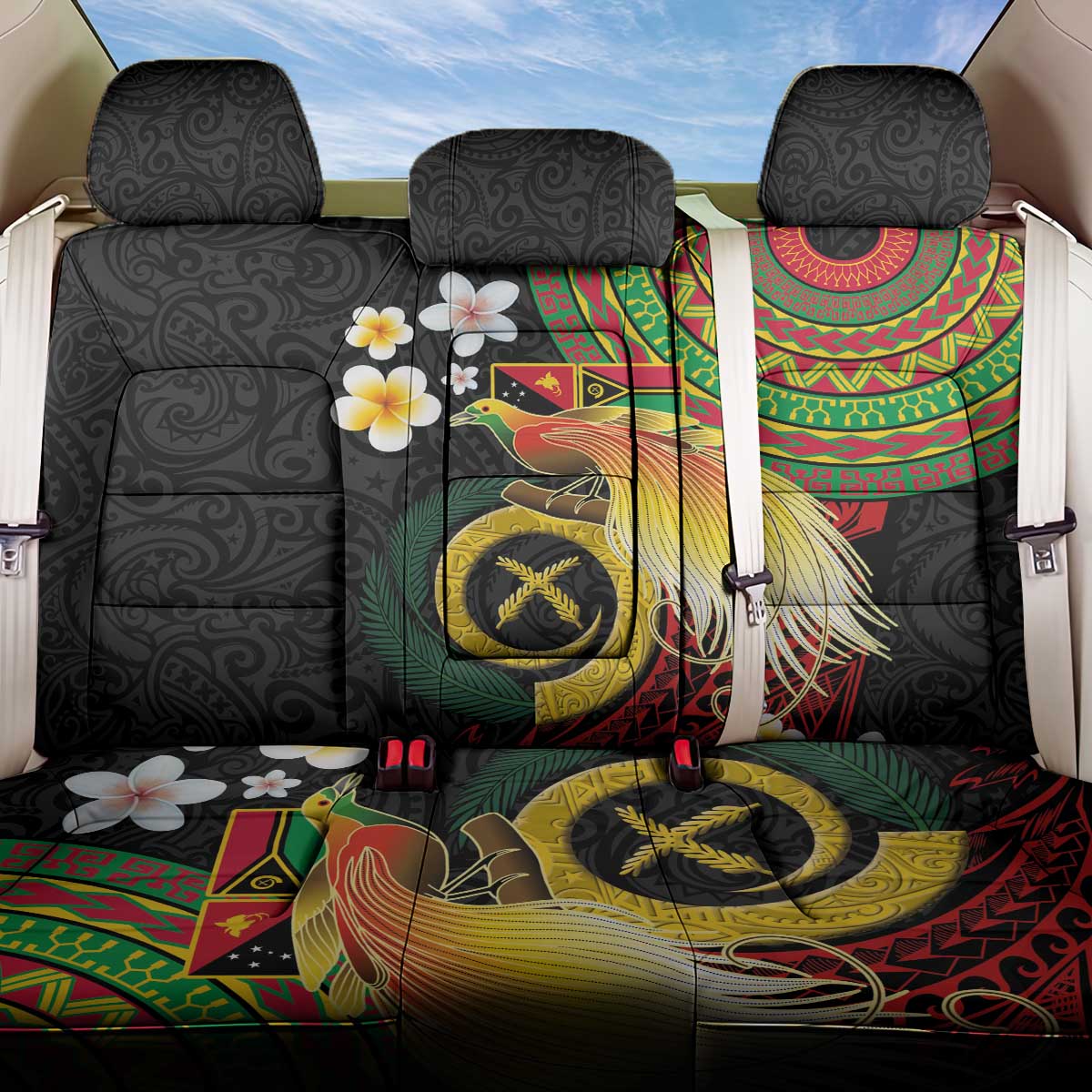 Vanuatu and Papua New Guinea Together Back Car Seat Cover Bird-of-paradise and Pig Tusk Melanesian Pattern LT03 One Size Black - Polynesian Pride