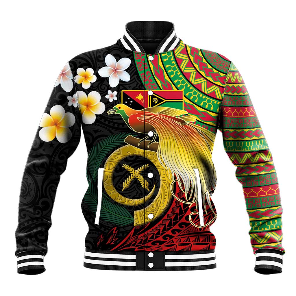 Vanuatu and Papua New Guinea Together Baseball Jacket Bird-of-paradise and Pig Tusk Melanesian Pattern LT03 Unisex Black - Polynesian Pride