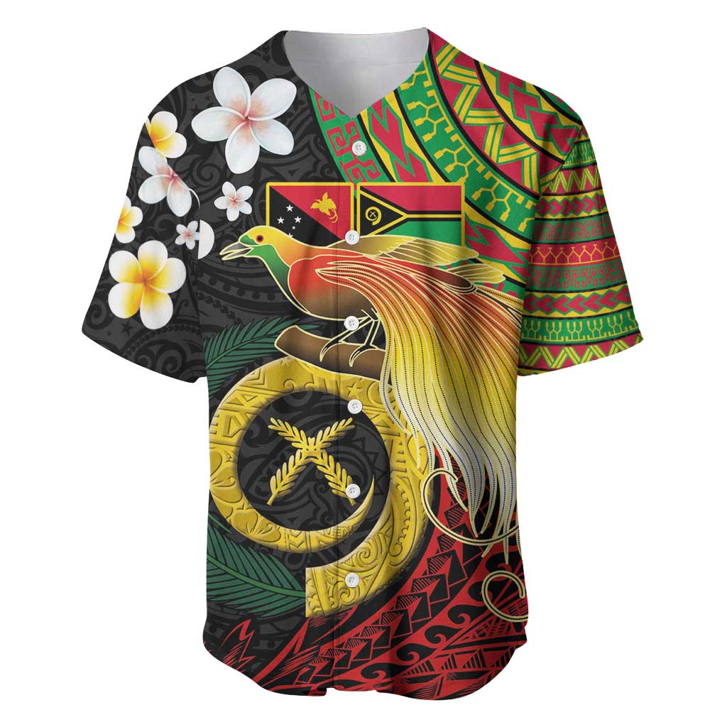 Vanuatu and Papua New Guinea Together Baseball Jersey Bird-of-paradise and Pig Tusk Melanesian Pattern LT03 Black - Polynesian Pride