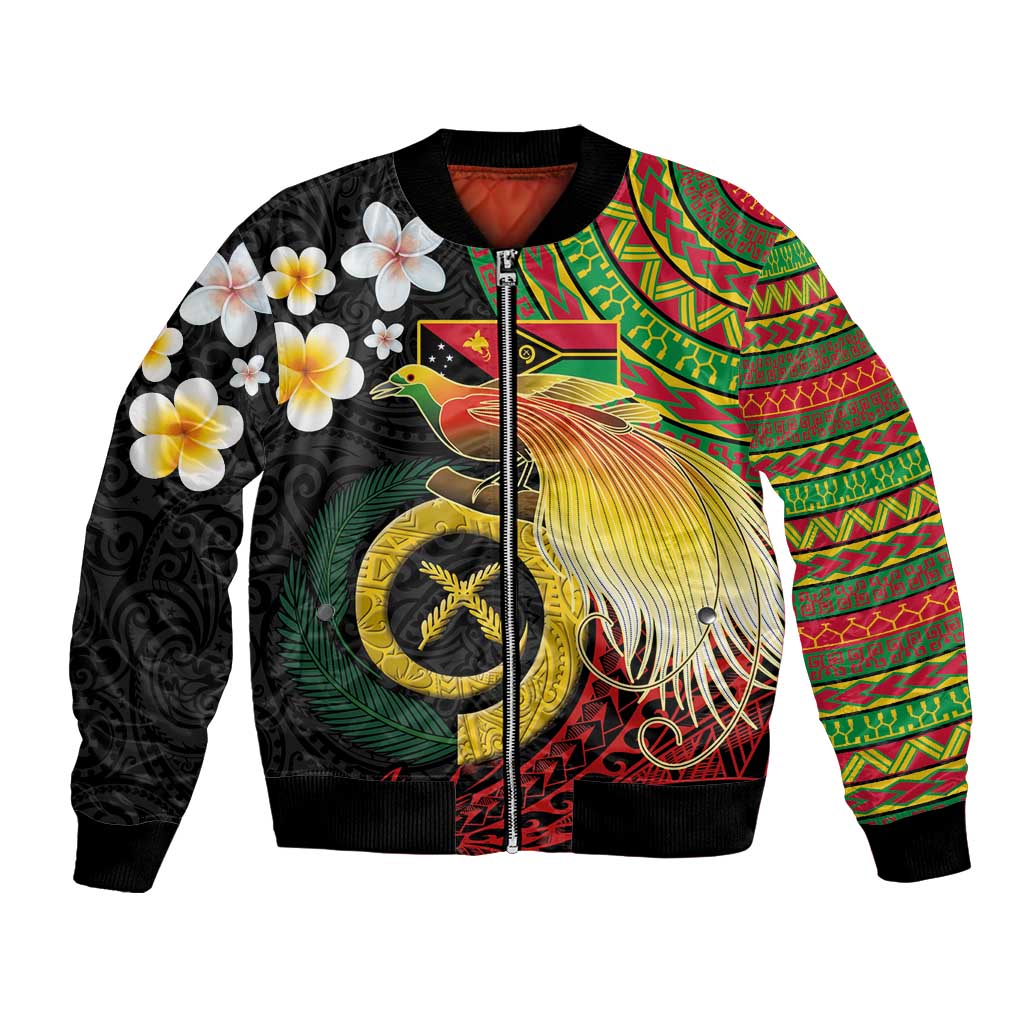 Vanuatu and Papua New Guinea Together Bomber Jacket Bird-of-paradise and Pig Tusk Melanesian Pattern LT03 Unisex Black - Polynesian Pride
