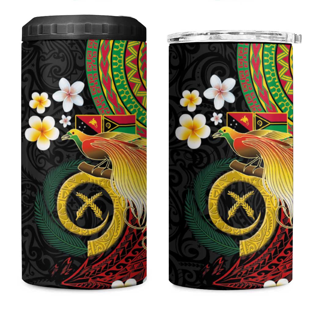Vanuatu and Papua New Guinea Together 4 in 1 Can Cooler Tumbler Bird-of-paradise and Pig Tusk Melanesian Pattern LT03 One Size: 16 oz Black - Polynesian Pride