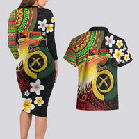 Vanuatu and Papua New Guinea Together Couples Matching Long Sleeve Bodycon Dress and Hawaiian Shirt Bird-of-paradise and Pig Tusk Melanesian Pattern LT03 - Polynesian Pride