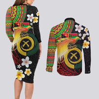Vanuatu and Papua New Guinea Together Couples Matching Long Sleeve Bodycon Dress and Long Sleeve Button Shirt Bird-of-paradise and Pig Tusk Melanesian Pattern LT03 - Polynesian Pride