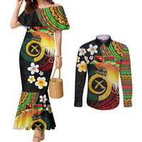 Vanuatu and Papua New Guinea Together Couples Matching Mermaid Dress and Long Sleeve Button Shirt Bird-of-paradise and Pig Tusk Melanesian Pattern LT03 Black - Polynesian Pride