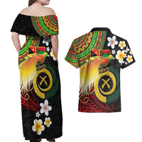 Vanuatu and Papua New Guinea Together Couples Matching Off Shoulder Maxi Dress and Hawaiian Shirt Bird-of-paradise and Pig Tusk Melanesian Pattern LT03 - Polynesian Pride