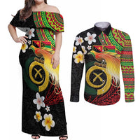 Vanuatu and Papua New Guinea Together Couples Matching Off Shoulder Maxi Dress and Long Sleeve Button Shirt Bird-of-paradise and Pig Tusk Melanesian Pattern LT03 Black - Polynesian Pride
